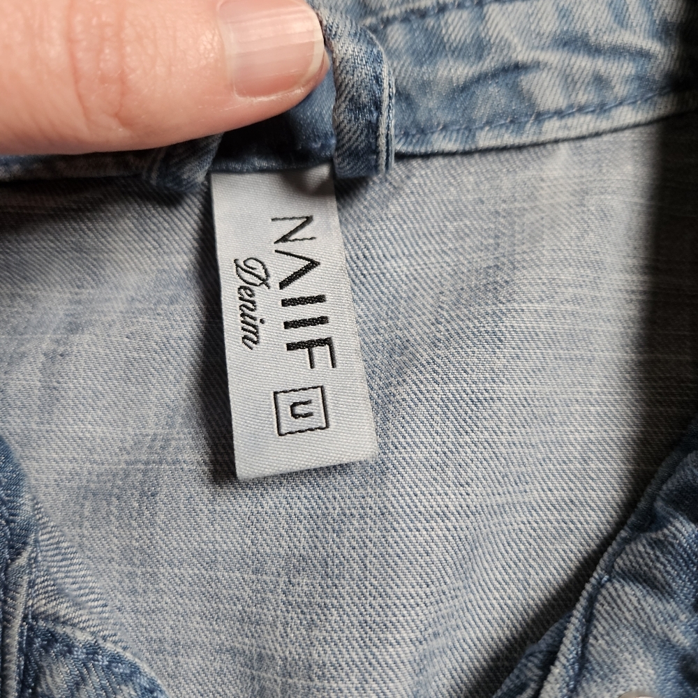 Naiif Denim Button-Up Shirt Jacket with Blue Eyelet Embroidery Trim‎ Boho L-XL - Picture 4 of 10
